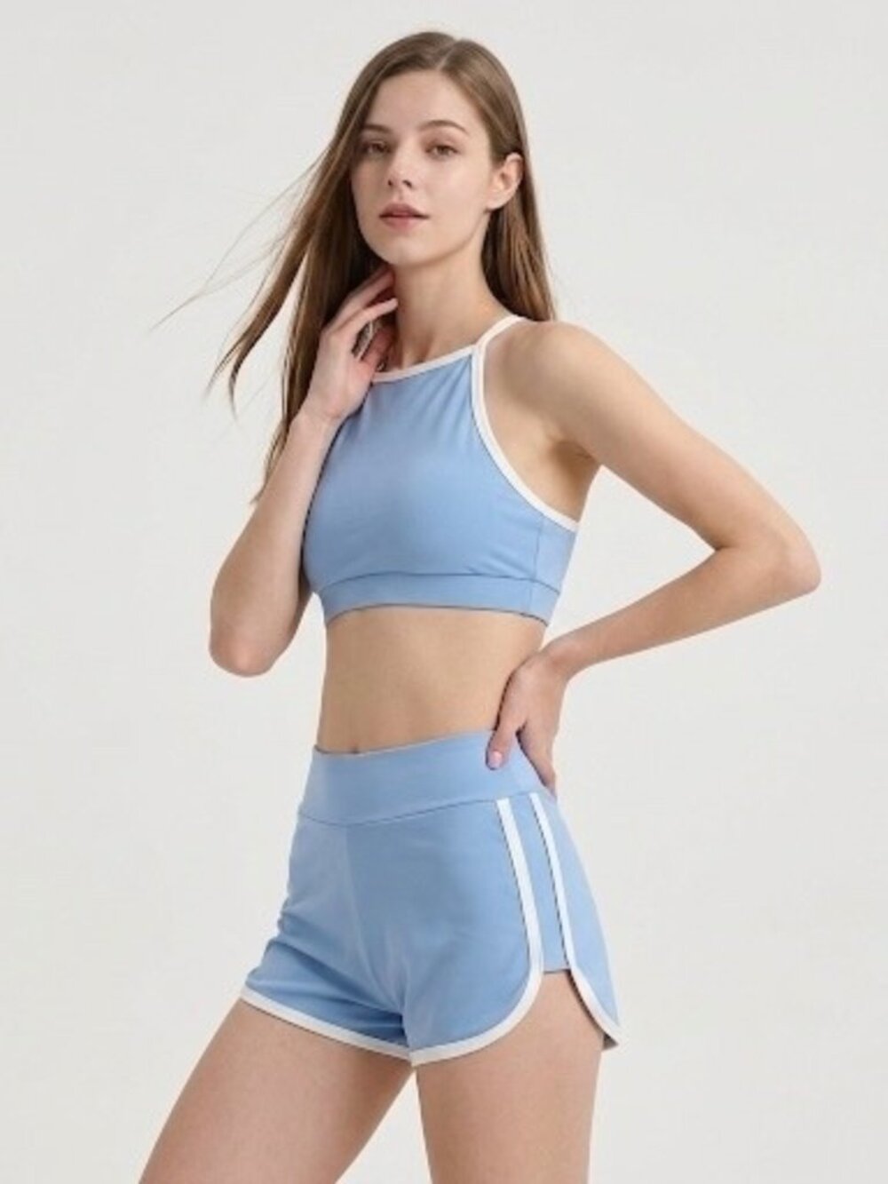Pole Dance Halter Crop Top & Dolphin Shorts Set Built-In Bra Blue Size S M Korea